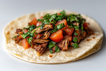 Delicious carne asada taco with fresh tomatoes, cilantro, and soft flour tortilla