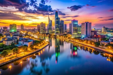 Panoramic Drone View: Ho Chi Minh City's Illuminated Skyline at Dusk