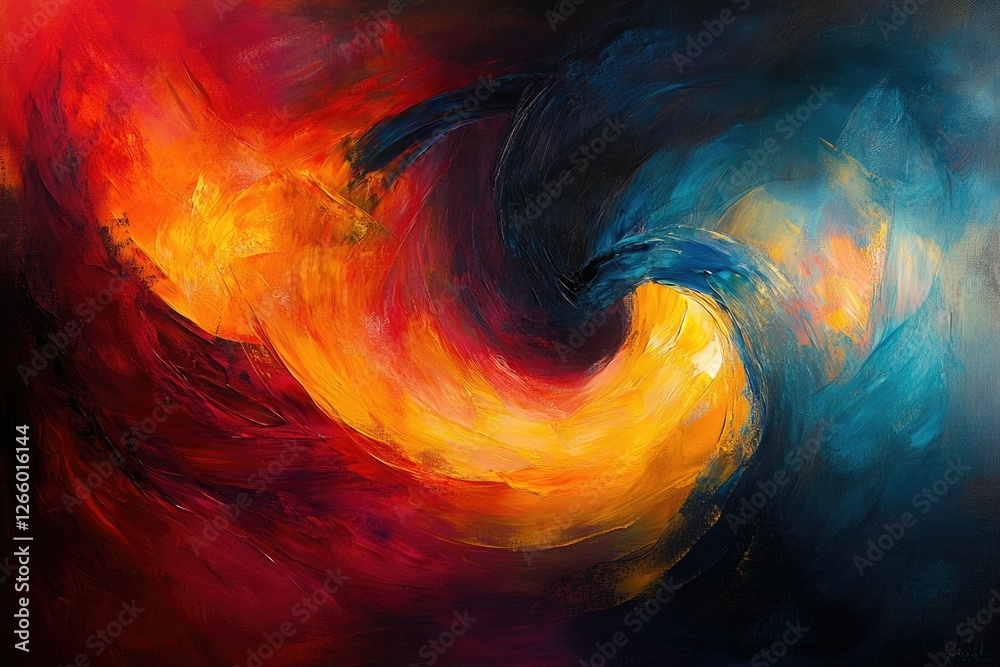 Aufkleber Abstract swirling artwork depicting contrasting colors of fiery orange and deep blue, creating a dynamic and energetic visual.