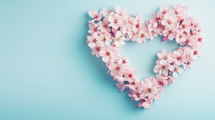heart shape made of pink cherry blossoms on a pastel background, symbolizing love and romance for Valentine's Day or Mother's Day greeting cards. Copy space.