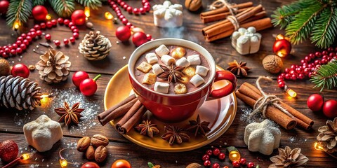 Panoramic Festive New Year's Cocoa: Marshmallows, Cinnamon, Holiday Decorations