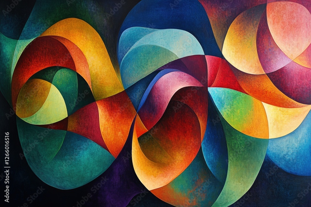 Poster abstract painting with vibrant, interwoven colors creating a dynamic, flowing composition.