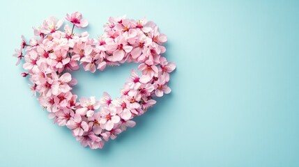 heart shape made of pink cherry blossoms on a pastel background, symbolizing love and romance for Valentine's Day or Mother's Day greeting cards. Copy space.