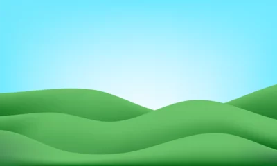 Fototapete Rund 3d green hills background. Kid grass wavy gradient vector. Spring summer nature with mountains, grassy zoo. Paper cut side pattern, plasticine cartoon garden. Clay panorama field, cute curved floor © Svetlana Ievleva