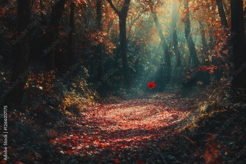 Poster a single red leaf falls in a mystical autumn forest path, creating a spiral of fallen leaves.
