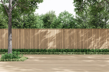 Modern contemporary empty wooden terrace with blank plank fence 3d render surrounded by green nature