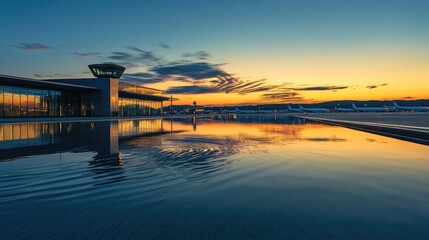 Fototapeta premium Sunset Reflection at the Airport: Golden Hour Hues