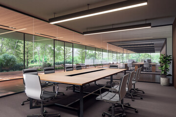Modern contemporary meeting room interior 3d render, There are gray carpet floor large windows overlooking wooden terrace and nature view outside