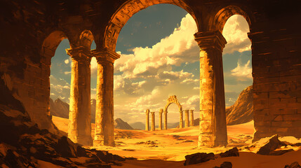 Fototapeta premium Ancient ruins under a sunny sky archway pillars desert. Sands of Forgotten Ages. Illustration