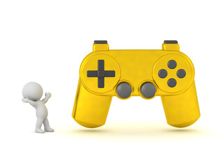 Happy 3D Character with a Golden Video Game Controller.