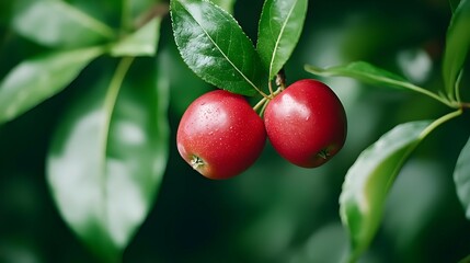 Obraz premium Two Ripe Red Apples on a Branch with Green Leaves
