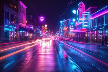 Obraz premium Vibrant neon lights illuminate a rain-slicked city street at night, creating a mesmerizing urban scene.