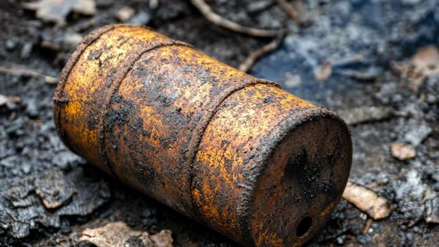 Rusty yellow canister lying in dirt near a puddle, showcasing years of neglect and decay in the outdoors