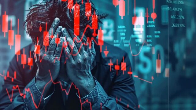 Worried unhappy businessman, loser. Charts and data, stock or forex trader losing money. Wall Street trading