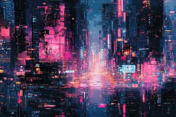 Fototapeta premium A vibrant, futuristic cityscape at night, depicted in a digital art style with neon lights and towering buildings.