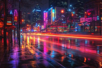 Fototapeta premium Vibrant city street at night, rain reflecting neon lights, creating a dazzling cityscape.