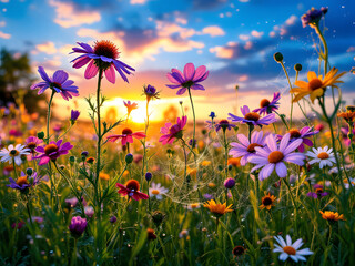 Golden Sunset Meadow: A Vibrant Symphony of Wildflowers in Full Bloom