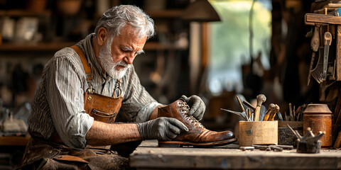 A shoe repairman sitting at a workbench, focusing intently on fixing a leather boot, surrounded by tools and materials.
