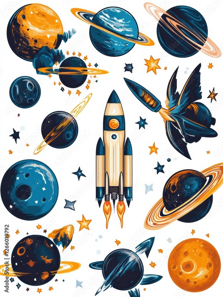 Poster cosmic adventure stickers featuring planets, rockets, and stars designed for creative projects and s
