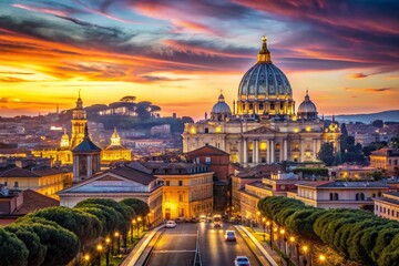 Fototapeta premium Panoramic Rome Skyline at Dusk: St. Peter's Basilica Long Exposure