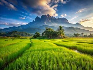 Fototapeta premium Panoramic Sabah Rice Paddy Fields with Majestic Mount Kinabalu Background, Kota Belud