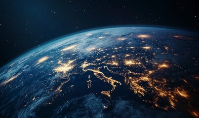 Obraz premium view of the Earth from space, showing it with lights glowing in Europe and Africa at night. The planet is seen against the black sky. 