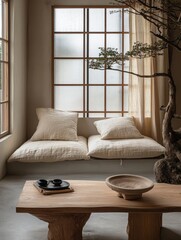 Minimalist living space with wooden table and cushions indoors