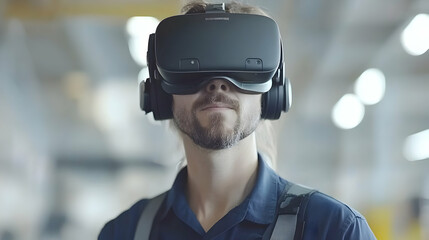 Worker uses VR headset in factory