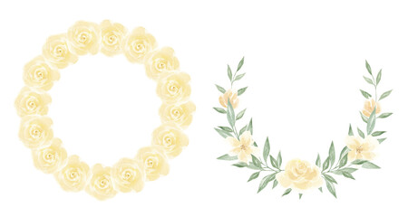 Floral watercolor wreath. Set for decoration. Holidays, weddings, spring, autumn. Invitation. Rose wreath. Texture. Bouquet, composition. Set. Scrapbooking. Frame. Round frame.