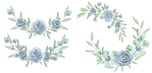 Floral watercolor wreath. Set for decoration. Holidays, weddings, spring, autumn. Invitation. Rose wreath. Texture. Bouquet, composition. Set. Scrapbooking. Frame. Round frame.