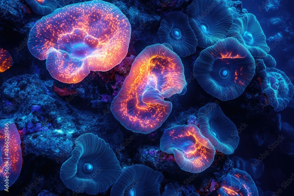 Poster vibrant bioluminescent coral reef glows in deep ocean, showcasing intricate details and dazzling col