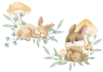 Forest composition, decor set. Forest theme. Mushrooms, flowers. Woodland. Scrapbooking. Children's theme. Butterflies. composition with a rabbit. Cute bunny. Watercolor.