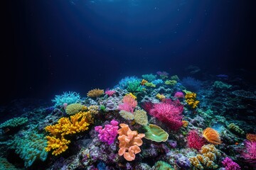 Fototapeta premium Vibrant coral reef teeming with diverse colorful corals and marine life thriving in a deep blue ocean.