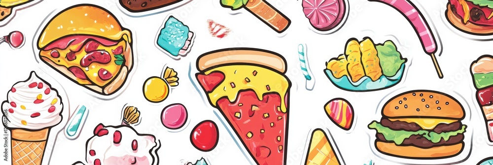 Aufkleber fun and colorful stickers of playful pizza slices and various tasty treats for creative projects. ge