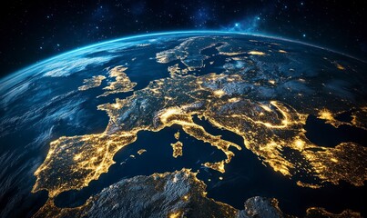 view of the Earth from space, showing it with lights glowing in Europe and Africa at night. The planet is seen against the black sky. 