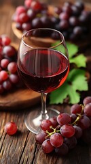 Chilled grape juice served in a wine glass with fresh grape bunches scattered on a rustic wooden table