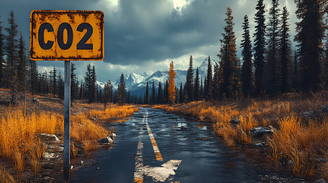 Rusty CO2 sign on flooded forest road, mountains in background, environmental issue illustration