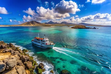 Fototapeta premium Panoramic View: Ferry Sailing Between Lanzarote & Fuerteventura Islands