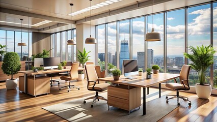 Panoramic View Modern Office Stylish Furniture Minimalist Workspace Design