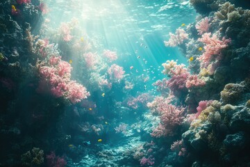 Fototapeta premium Vibrant coral reef teeming with life, sunlit ocean floor, diverse marine ecosystem.