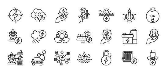 Clean Energy icon collection set with energy efficiency, carbon capture, green energy, wind turbines, wave energy