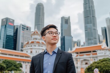 A young man in a suit standing confidently against a city skyline.