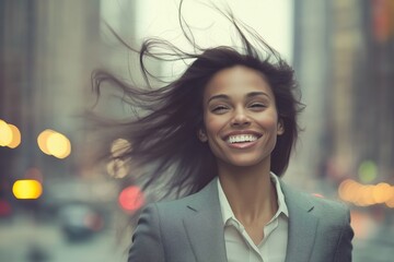 Obraz premium A joyful woman in a suit smiling with her hair blowing in the wind on a city street.