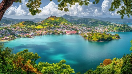 Naklejka premium Caribbean Harbor Panoramic View from Hilltop