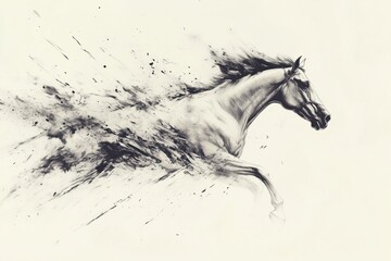 Fototapeta premium A dynamic illustration of a horse galloping, with splashes of ink creating a sense of speed.