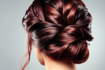 A close-up of a woman's elegant red hair styled in a beautiful updo against a neutral background.