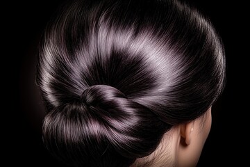 A close-up of a sleek, shiny hair bun styled elegantly against a dark background.