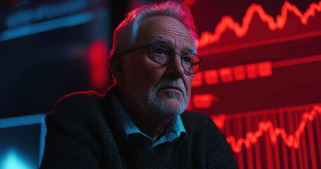 Elderly man analyzing financial data in a modern office