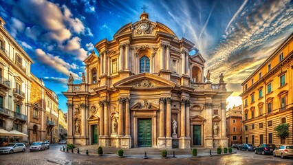 Panoramic View of Chiesa Nuova Church Facade, Rome, Italy - Architectural Details