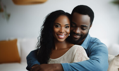 Obraz premium Young African-American couple smiling and embracing on sofa, copy space